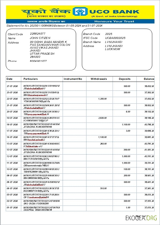 Modèle de relevé bancaire INDE UCO, format Word et PDF, version 2